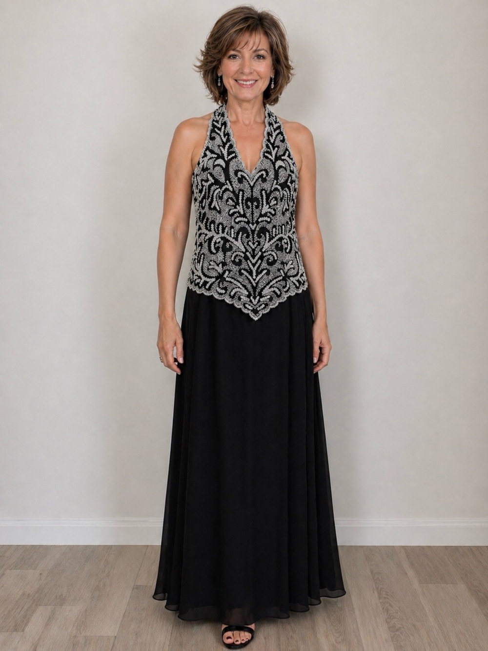 JKara Chiffon Beaded Mock Top Formal Mid/ Maxi Length Black Dress Size 6